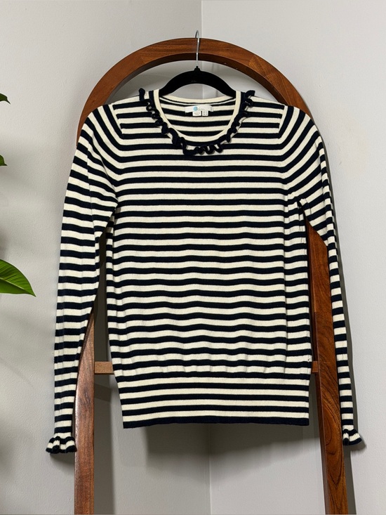 Boden Sweaters - Boden 8 Blue White Stripe Wool Cotton Blend Ruffle Trim Sweater